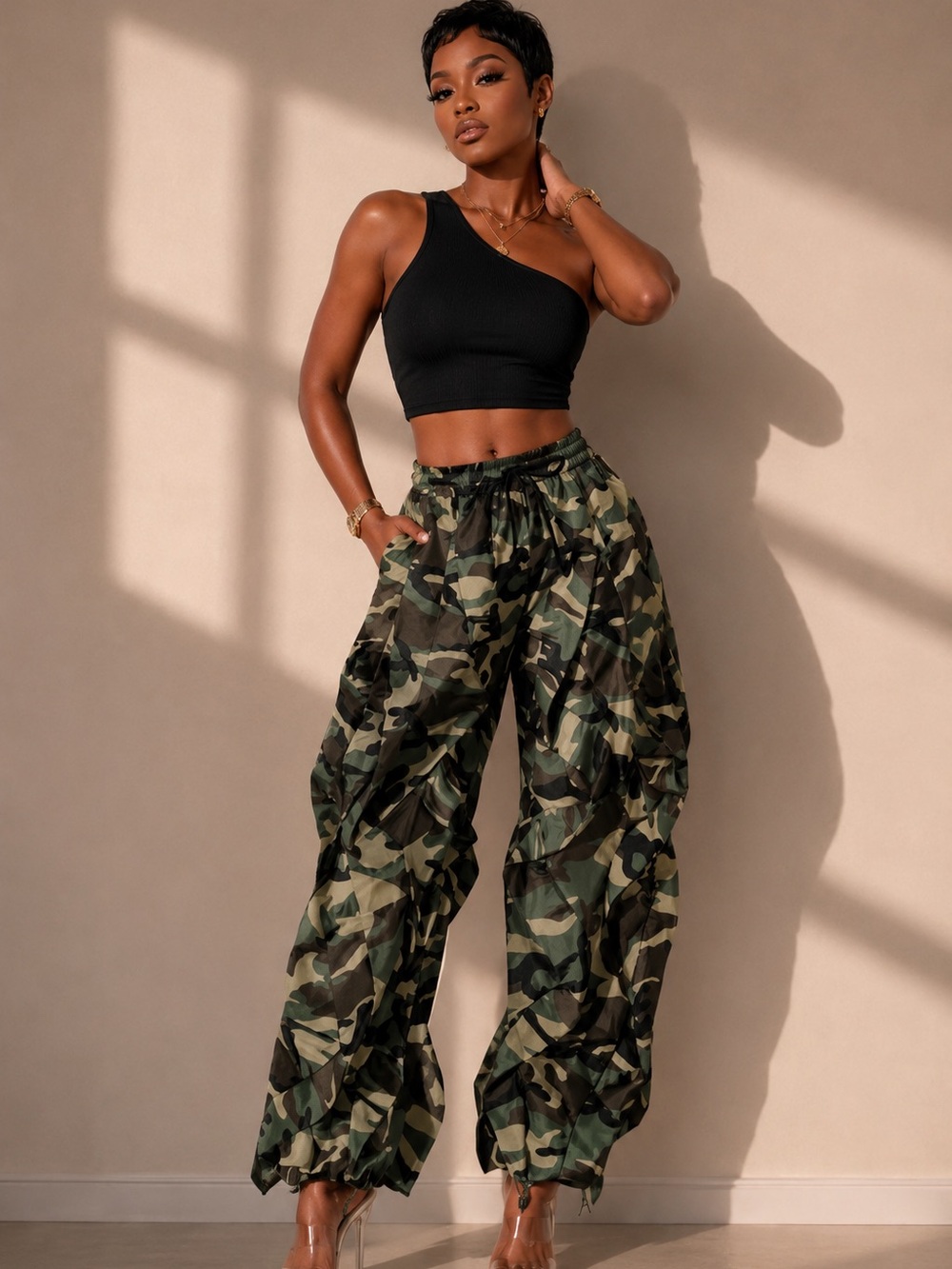 Camo Drawstring Cargo Pants for Women - Green Camo
